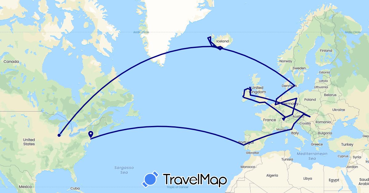 TravelMap itinerary: driving in Austria, Belgium, Switzerland, Germany, Denmark, United Kingdom, Hungary, Ireland, Iceland, Italy, Netherlands, Portugal, United States (Europe, North America)